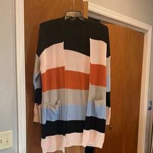 Striped Women's Sweater Cardigan - Black, Orange, Blue, Pink Size Large
